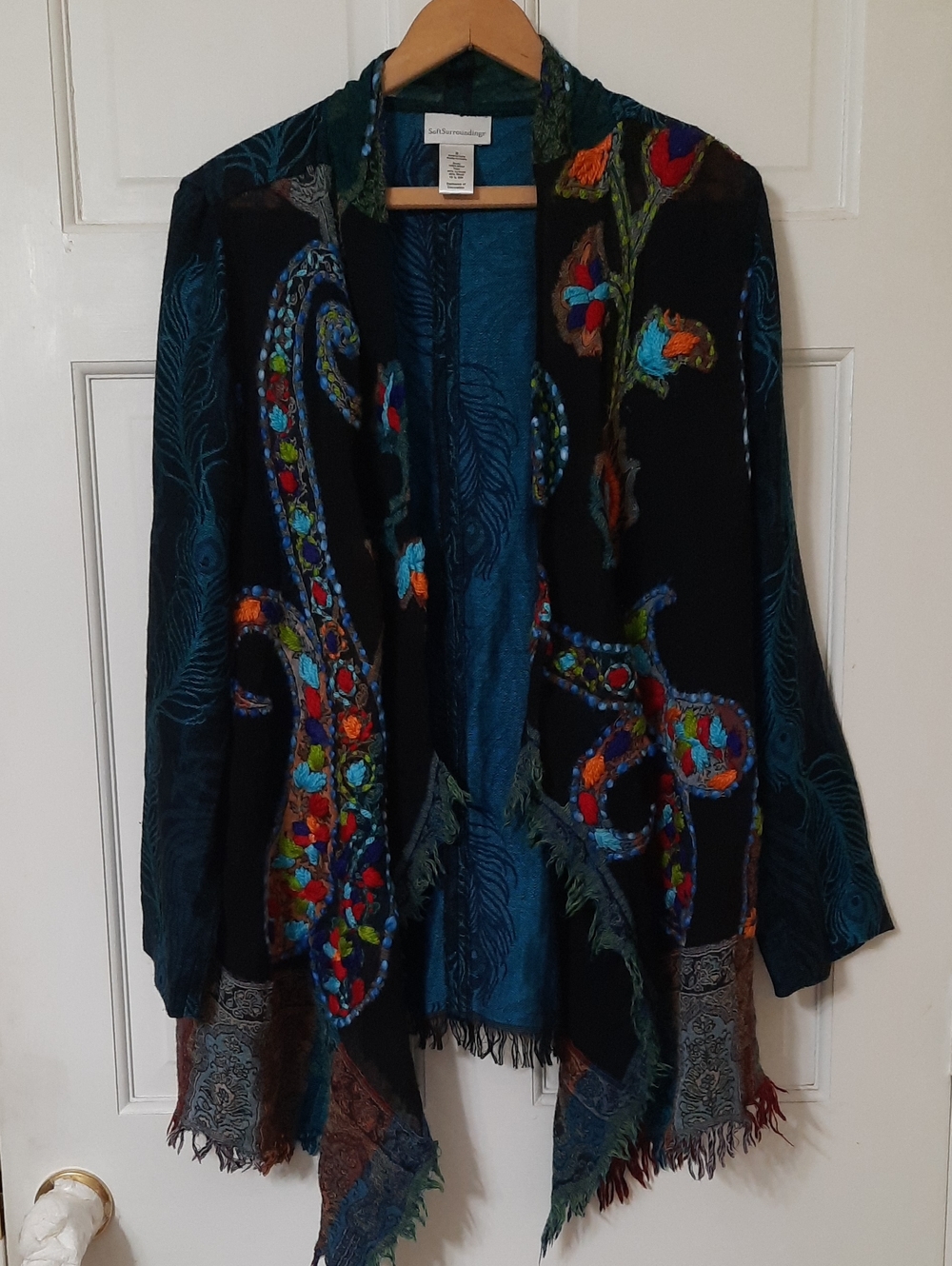Soft Surroundings Teal & Black Embroidered Open-Front Fringe Cardigan